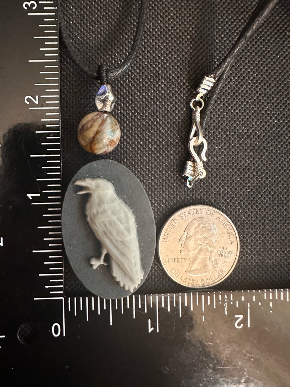 Handcrafted Tai Chi Stone Raven Pendant Necklace on Black Rope - Picture 10 of 11